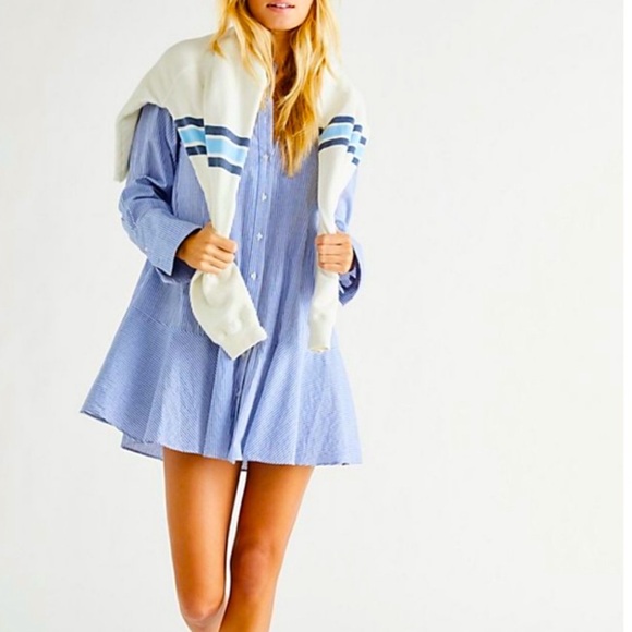 FREE PEOPLE all for you striped mini dress tunic ruffle blue white size large - Picture 3 of 12
